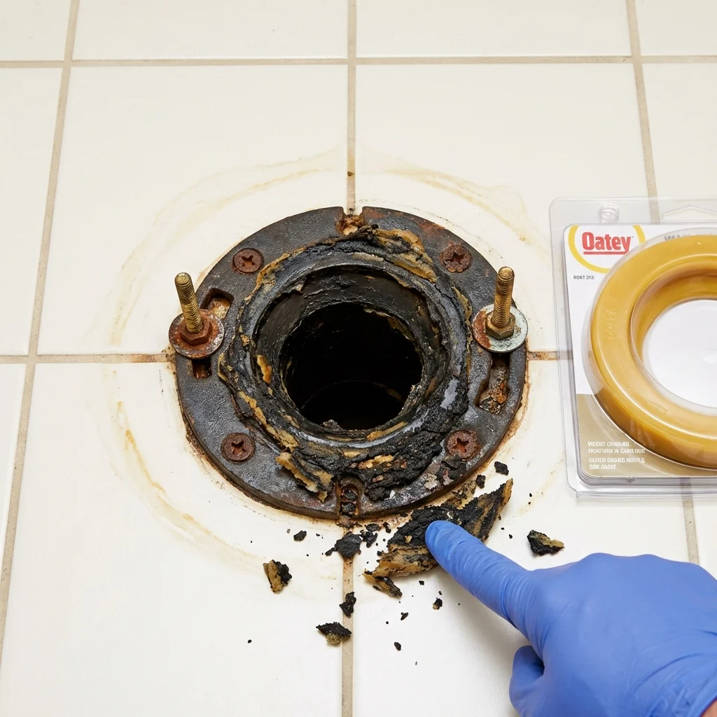 Failed wax ring showing water seepage at the base of a toilet in a Marshfield, MA home