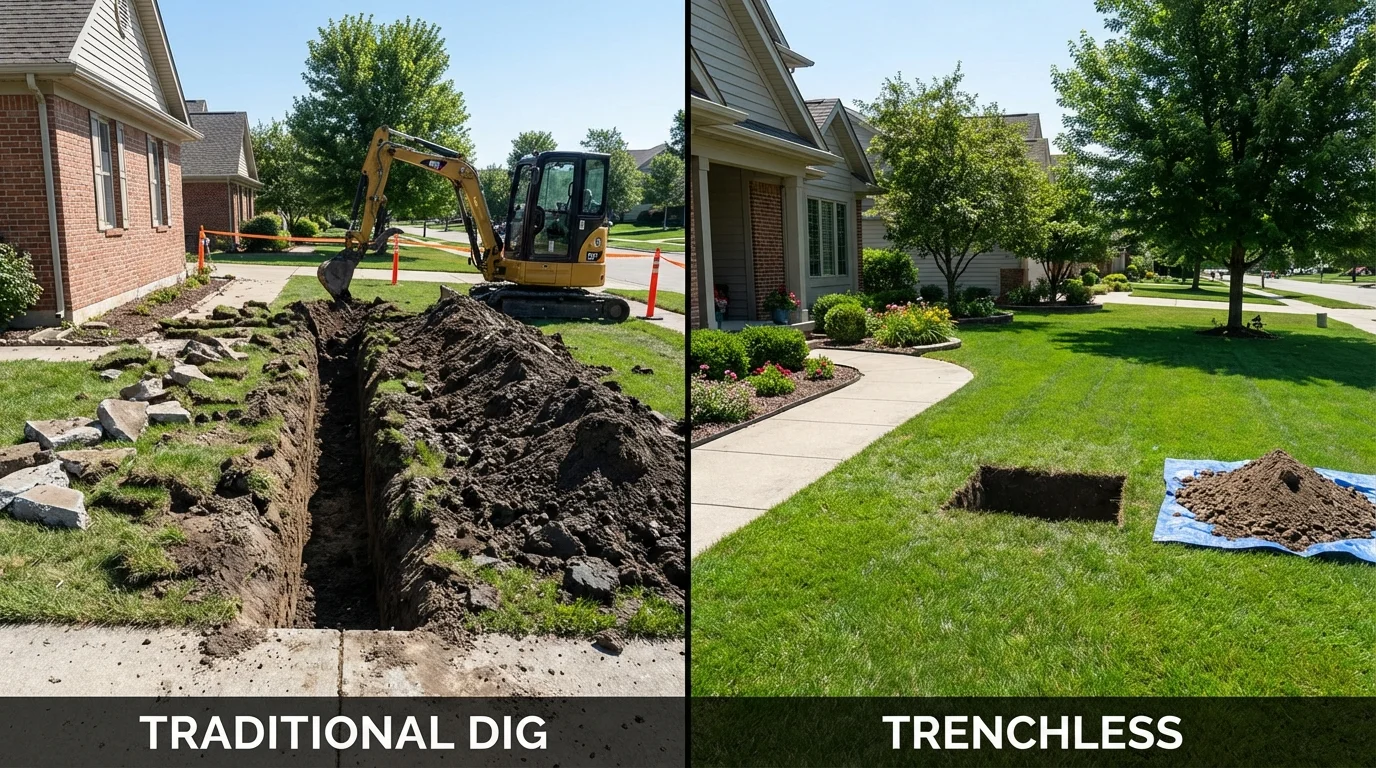 Trenchless sewer repair with minimal yard damage versus traditional excavation in Marshfield, MA