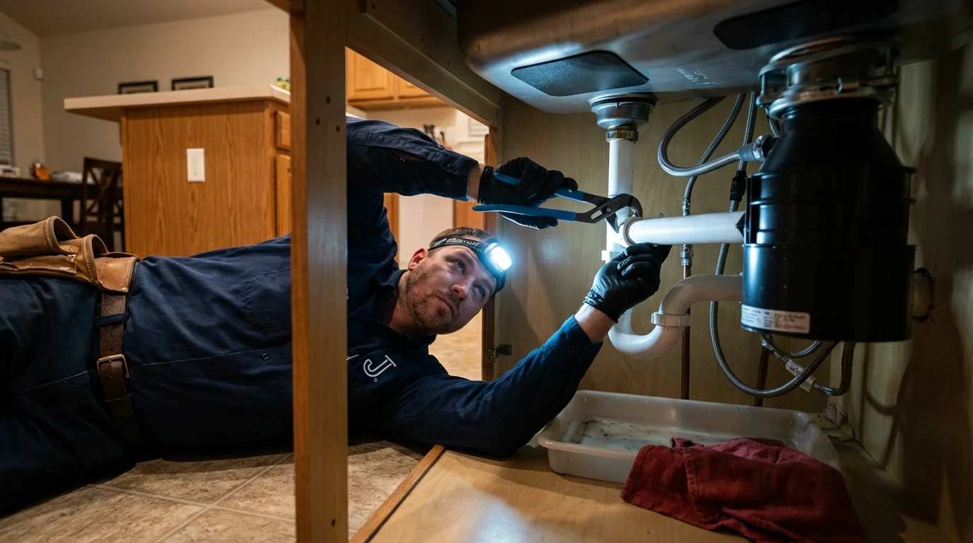 P-trap and supply line connections under a kitchen sink showing a common leak point in Marshfield, MA